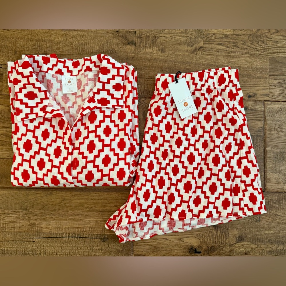 New Shade & Shore Coverup Shirt Shorts Set‎ Red Geometric Women's Size S T